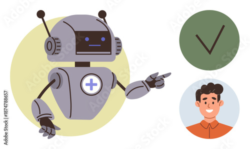 Healthcare technology, artificial intelligence, medical assistance, patient care, robotics, future innovation. Robot with cross symbol, man figure and checkmark icon. AI in healthcare and medical