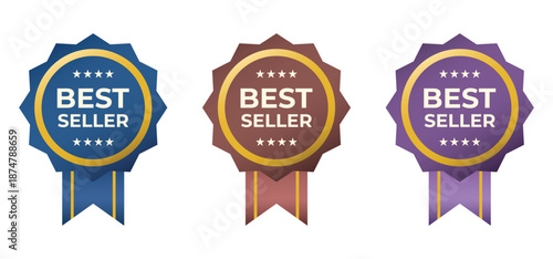 Best seller badges with ribbon, gold rings and stars for product labels