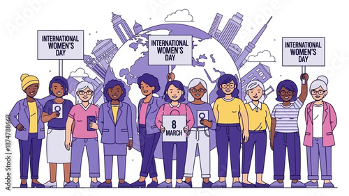 International Women's Day celebration with diverse women holding signs, featuring city skyline and globe illustration