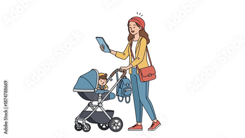 Mother with tablet and stroller, enjoying a stroll with her baby in a cartoon illustration style