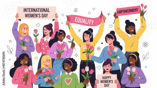 Celebrating International Women's Day with Diverse Women Holding Flowers and Banners Promoting Equality and Empowerment