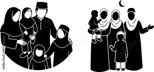 Happy Muslim Family Silhouette Set with Parents and Children for Ramadan Kareem and Eid Mubarak Greeting Designs