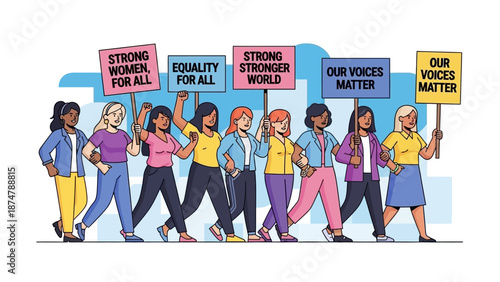 Diverse Group of Women Marching Together Holding Signs Advocating for Equality and Empowerment