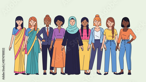 Diverse group of women from different cultures and backgrounds standing together with inclusive representation