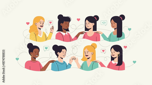 Diverse women connecting through empathy and understanding, depicted in a heartwarming illustration symbolizing friendship and unity