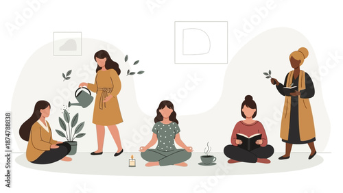 Diverse women practicing wellness and self-care at home, embracing a healthy lifestyle and personal growth
