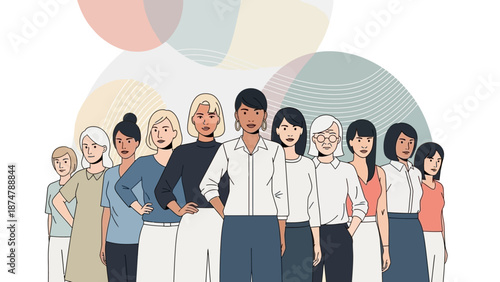Diverse group of women standing together showcasing unity and strength in a modern illustration