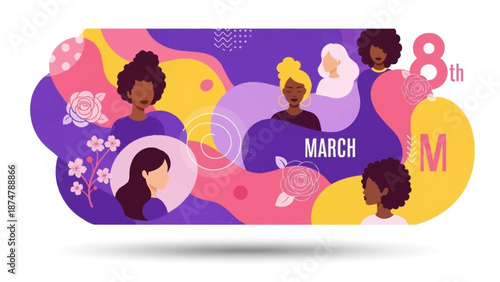 Celebrating International Women's Day with diverse women and floral elements on a colorful abstract background