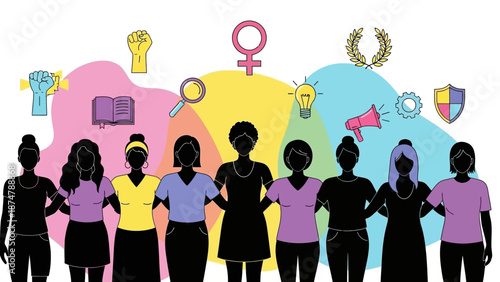 Empowerment and solidarity of women with diverse symbols representing strength, knowledge, and progress