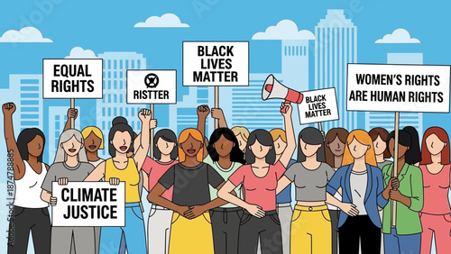 Diverse group of women rally for human rights, climate justice, and equality