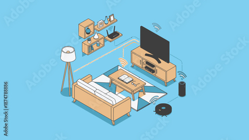 Isometric smart home living room with connected devices.
