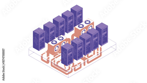 Isometric Server Room with Cooling System Illustration.