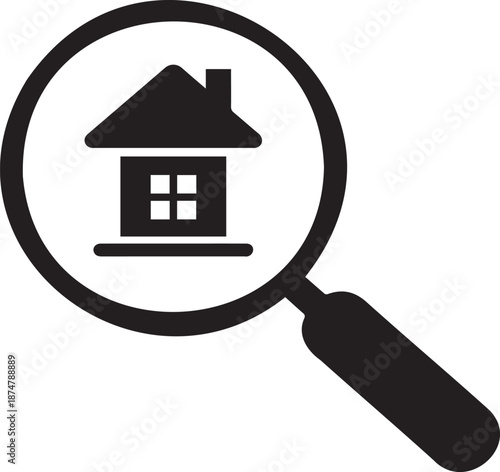 Black and White House Search Magnifying Glass Icon Vector