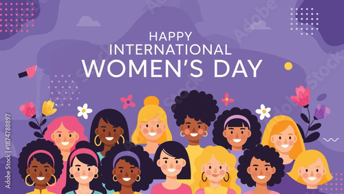 Happy Women's Day Celebration with Diverse Group of Women and Flowers