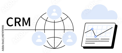 CRM text, global network with user icons, cloud, and analytics dashboard with graph. Ideal for business management, customer relations, data analysis, cloud computing, workflow strategy flat