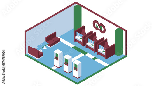 Isometric view of a modern arcade with gaming machines and seating.