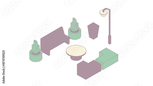 Isometric urban street furniture and plants illustration.