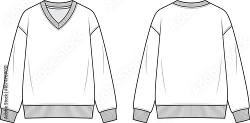 Men's v neck sweater technical fashion illustration, front and back view, ribbed cuffs hem, vector flat sketch apparel design template