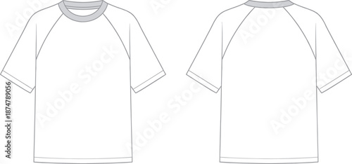 Men's raglan sleeve t shirt technical fashion illustration, front and back view, vector flat sketch apparel design template isolated