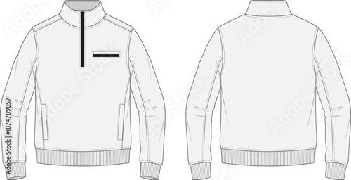 Mens quarter zip jacket, fashion flat technical sketch, front and back view, sportswear apparel design template, vector illustration, modern, minimal