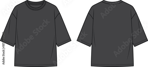 Men's oversized t shirt technical fashion illustration, front and back view, vector flat sketch apparel design template isolated