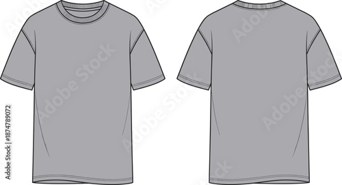 Men's oversized t shirt technical fashion illustration, front and back view, grey color, vector flat sketch apparel template design isolated
