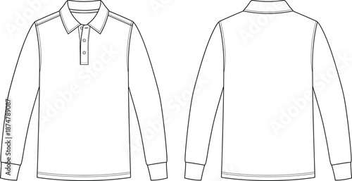 Men's, long, sleeve, polo, shirt, fashion, flat, technical, drawing, front, back, view, vector, illustration, casual, apparel, design, template, isolated, clothing