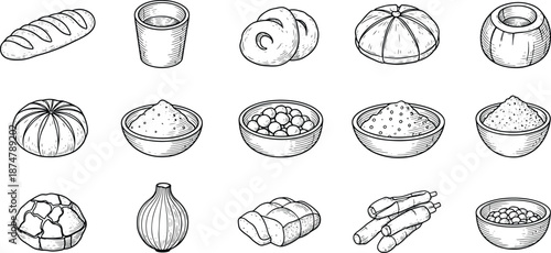 Set of hand drawn sketch of bakery bread flour and fresh vegetables illustration