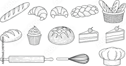 Set of hand drawn sketch of bakery bread croissant cake and baking tools illustration