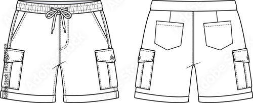 Men's cargo shorts technical fashion illustration, front and back view, drawstring waist, utility pockets, vector flat sketch apparel template design