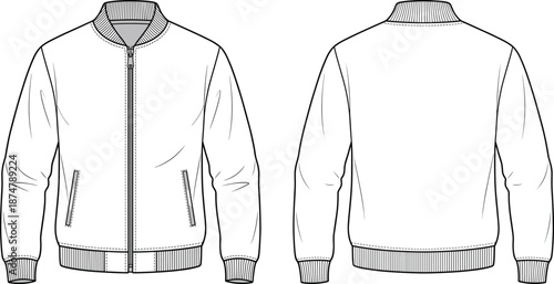 Men's bomber jacket technical fashion illustration, front and back view, zip up varsity style, vector flat sketch apparel design template