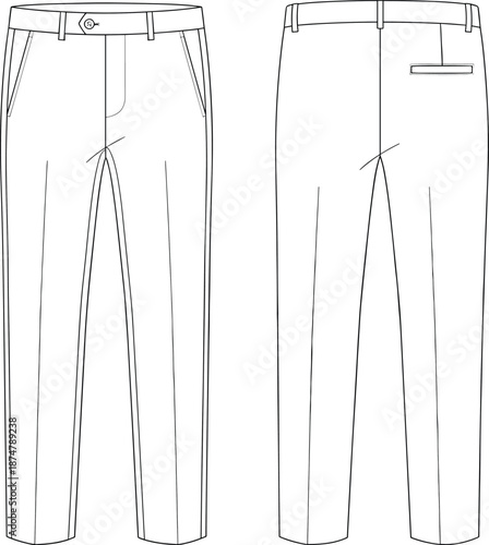 Men, trousers, pants, front, and, back, view, outline, vector, fashion, apparel, template, mockup, minimal, line, art, design, illustration, clothing