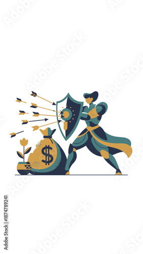 Knight protecting money bag from arrows.