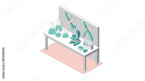 Laboratory Bench with Scientific Equipment and DNA Models.