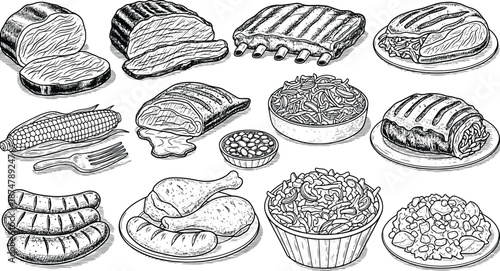 Set of hand drawn sketch of barbecue grilled meat steak ribs sausages and side dishes illustration