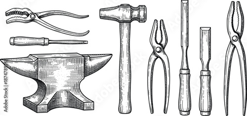 Set of hand drawn sketch of blacksmith anvil hammer and metalworking tools illustration