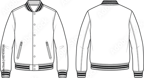 Men varsity bomber jacket fashion technical flat sketch front and back view classic college outerwear apparel illustration vector design