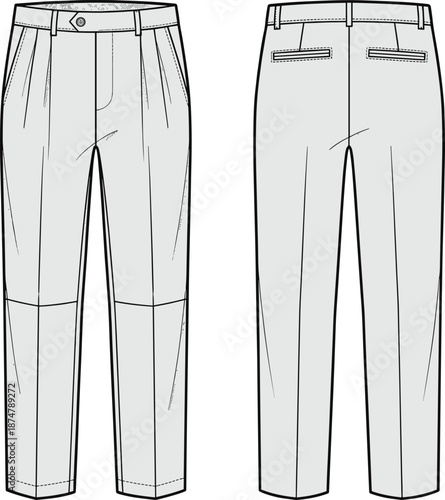 Men tailored trousers technical fashion flat sketch with front and back views showing details isolated on white background vector