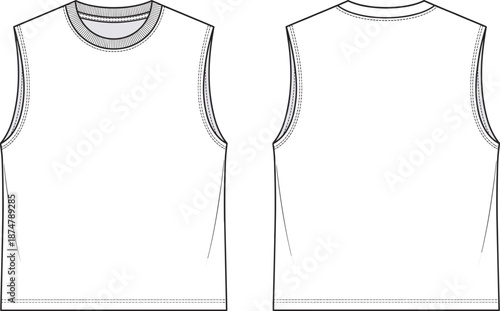 Men sleeveless tank top technical fashion flat sketch front and back view apparel design illustration vector clothing template