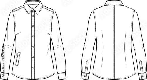 Men long sleeve button down shirt technical fashion illustration, front and back view, tailored collared garment flat vector design template
