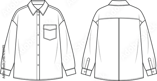 Men long sleeve button down shirt technical fashion illustration, front and back view, chest pocket flat vector design, template, apparel