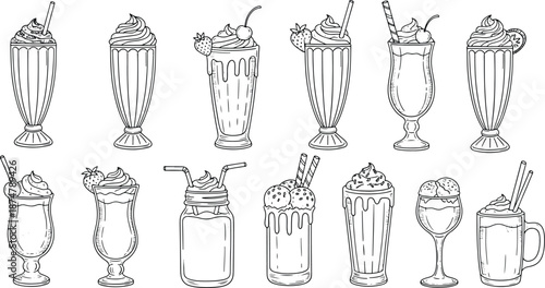 Set of hand drawn milkshakes ice cream and sweet drinks in glasses doodle illustration