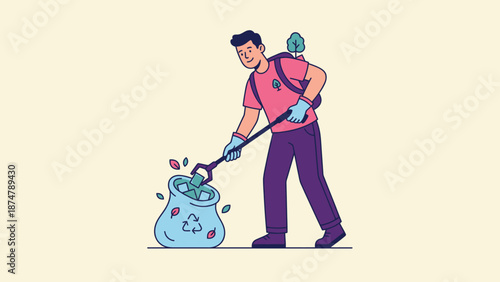 Man collecting trash in a bag with a tool.