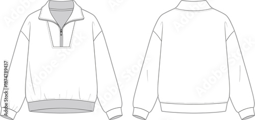Men half zip pullover sweatshirt, fashion technical flat sketch, front and back view, casual modern apparel illustration, vector design template