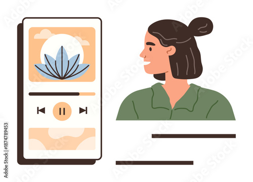 Meditation, wellness, mindfulness, relaxation, self-care, digital apps. Woman glancing toward a smartphone displaying a meditation app. Meditation and wellness concept