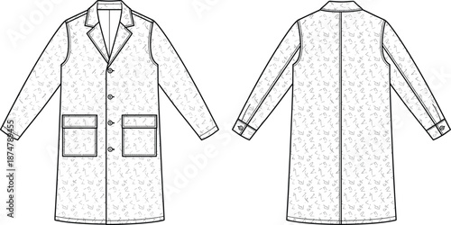 Men long coat technical fashion flat sketch, front and back views, tailored overcoat design isolated on white background vector illustration