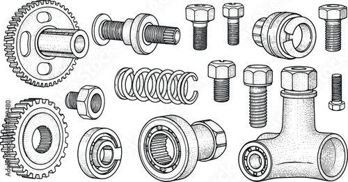 Set of hand drawn sketch of mechanical gears bolts nuts and engineering parts illustration