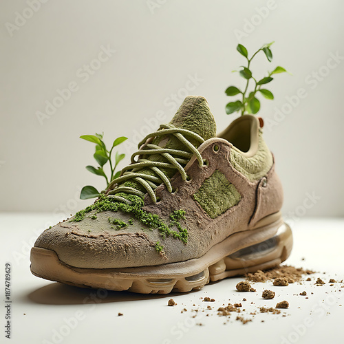 Sustainable Footwear Innovation An Eco-Conscious Athletic Shoe Concept with Vibrant Green Sprouts Symbolizing Environmental Growth