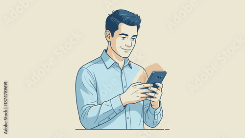 Man in Light Blue Shirt Holding and Using a Smartphone.