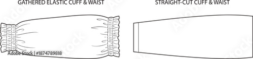 Elastic cuff and waist comparison illustration, gathered sleeve versus straight cut hem, apparel construction detail, fashion technical drawing, vector outline